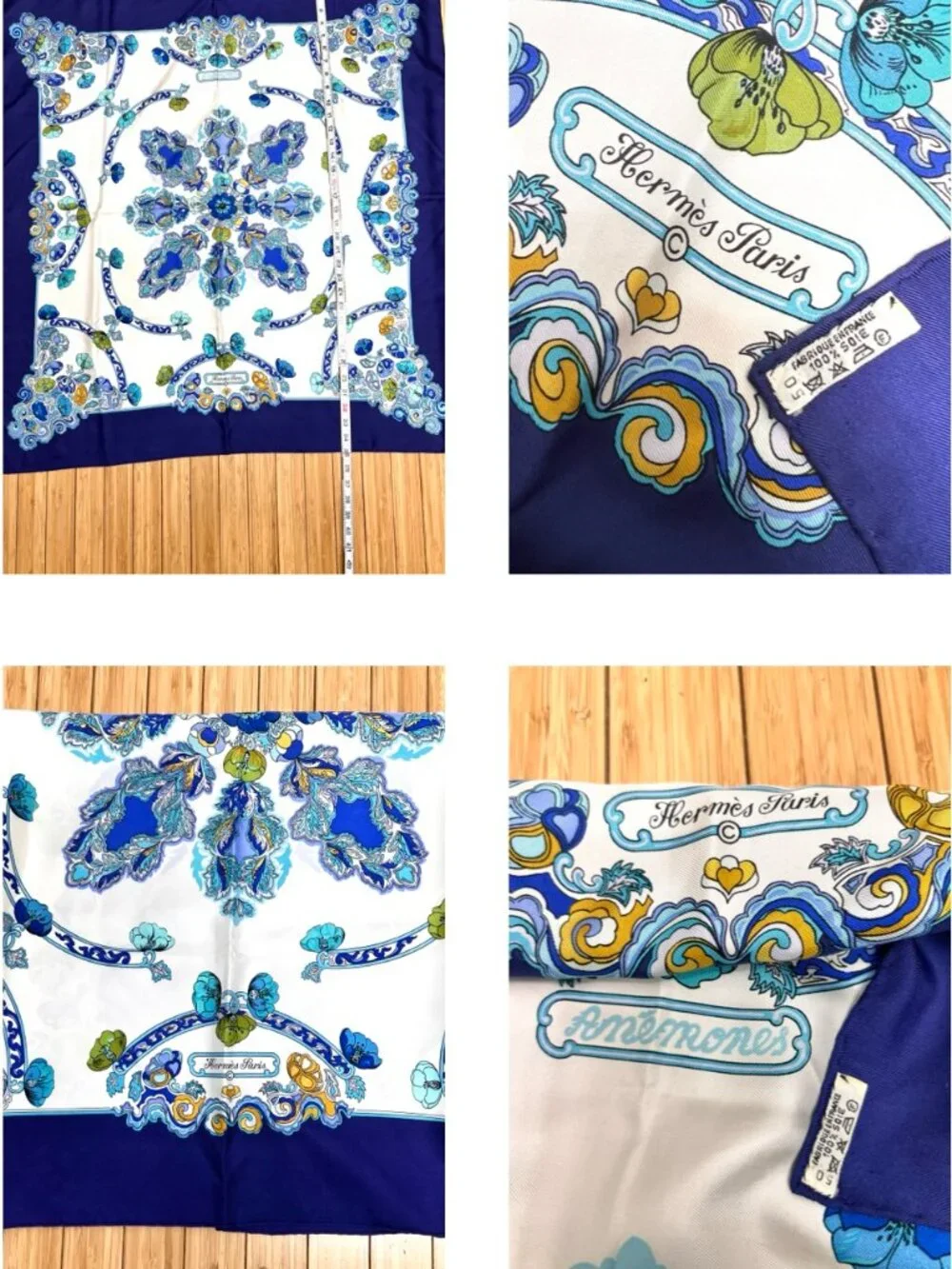 Anémones Hermes Paris  Silk  Scarf  34" Ivery Blue Purple Floral Pattern  (26) - Picture 9 of 16
